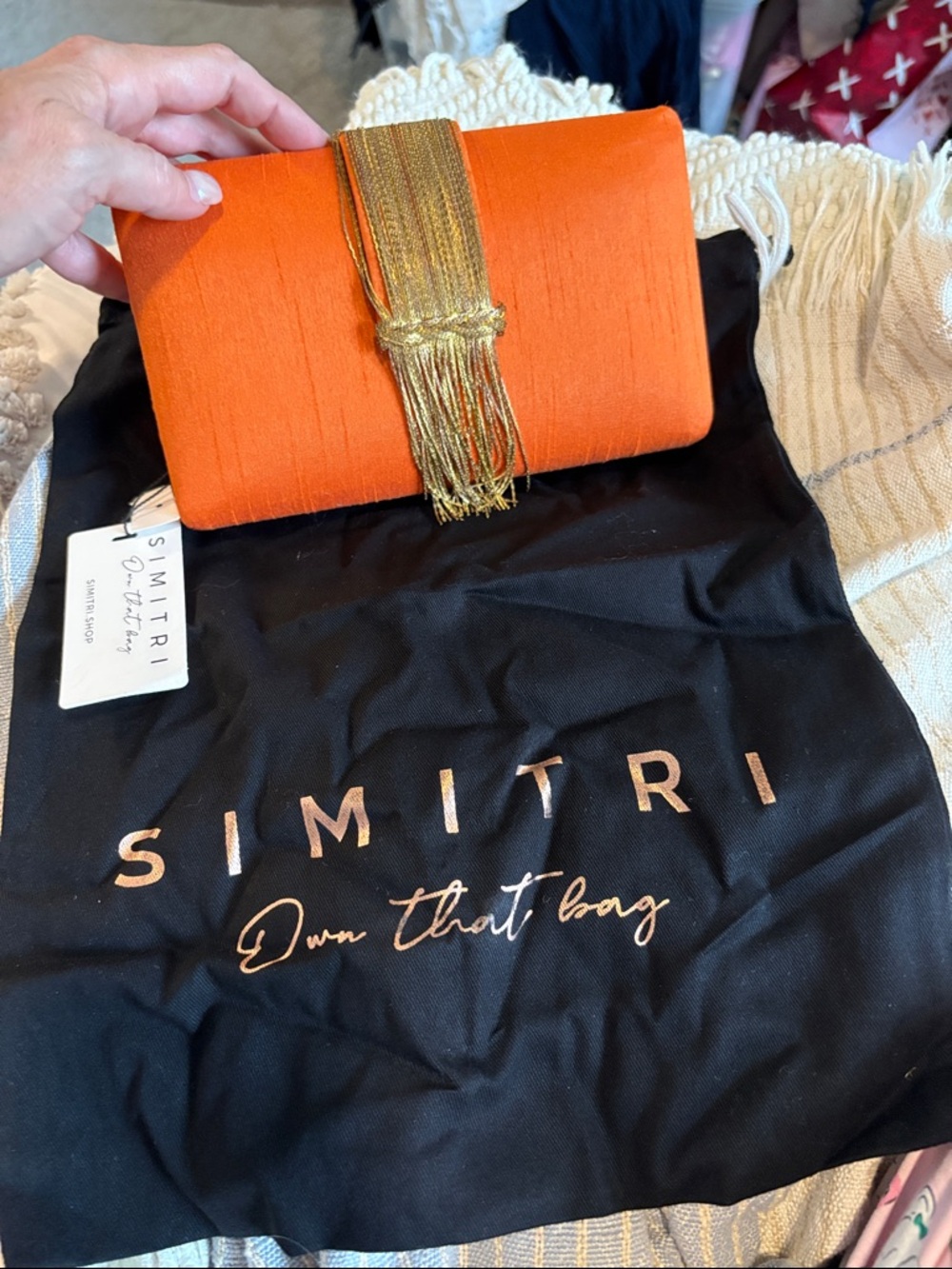 Orange Silk Clutch with Gold Fringe Accent